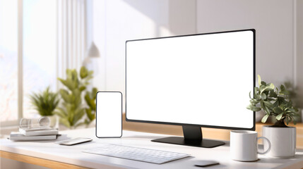 Modern white desk setup with white or transparent screen monitor and phone screens, plants, books, and coffee, ideal for mockups, tech branding, and workspace design