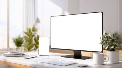 Modern white desk setup with white or transparent screen monitor and phone screens, plants, books, and coffee, ideal for mockups, tech branding, and workspace design