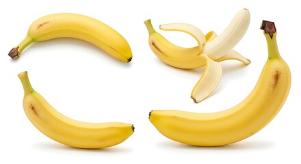 Four vibrant bananas, one partially peeled, showcasing their natural shapes and yellow color.