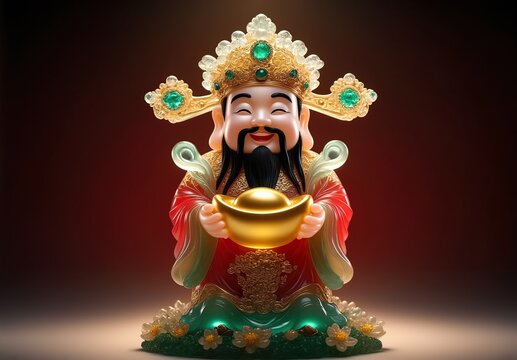 3D glass figurine of the Chinese God of Wealth (Cai Shen). joyful expression, a long black mustache and beard on a red dark background
