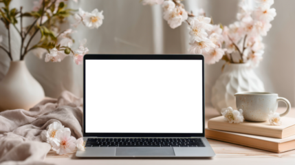 Modern office desk setup with white or transparent screen laptop and coffee cup overlooking urban skyline through large glass windows during sunrise, perfect for branding