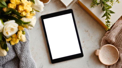 Modern tablet mockup with white or transparent screen on white surface with palm leaf shadows, ideal for branding, web design, and product presentation