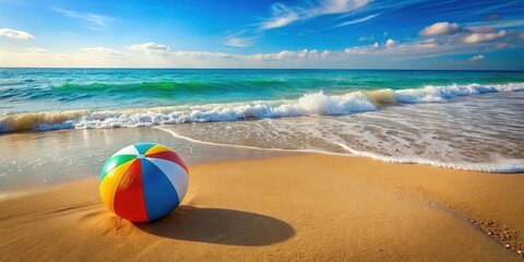 Obraz premium A beach ball bounces on the warm sand near the ocean's edge