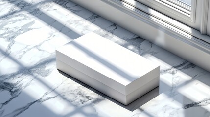 Obraz premium packaging template mockup showing a minimal rectangular paper box on a marble background, sharp shadows, soft top lighting, high resolution, clean layout, product branding focus, for professional