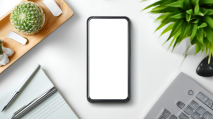 Modern smartphone with blank screen on a white desk with green plants, coffee, and office decor in daylight, great for mockups and UI design
