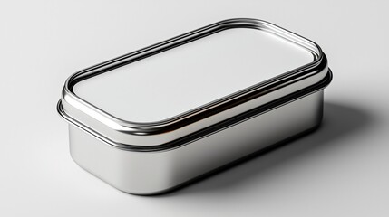 label mockup on small rectangular tin container, minimal white background, sharp top-down lighting, clean high-resolution design, metallic finish details, no text applied