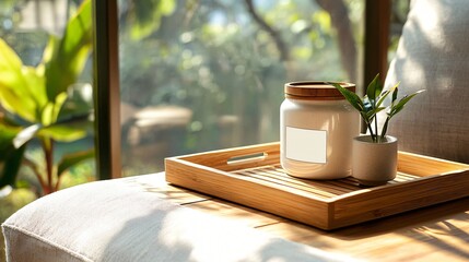 modern label sticker mockup applied to ceramic jar lid, styled on a bamboo tray, top-down lighting, soft contrast, centered blank zone, contemporary home decor vibe