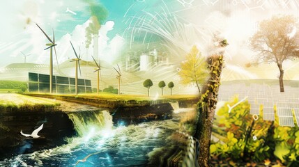 A dynamic illustration of a green energy transition timeline, depicting the evolution from fossil fuels to renewable energy sources like solar, wind