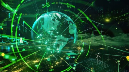 A dynamic illustration of a green energy vortex swirling around a digital globe, with icons of wind turbines and solar panels merging into the design