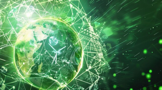 A dynamic illustration of a green energy vortex swirling around a digital globe, with icons of wind turbines and solar panels merging into the design