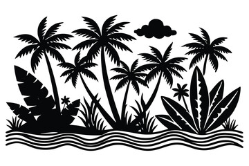 Stylized Island Vegetation Scene Featuring Palm Trees, Flowering Plants, and Bold Tropical Leaves in a Bold Graphic Silhouette Design.eps