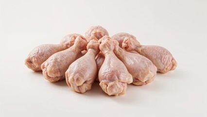 fresh, raw chicken drumsticks, skin on, isolated on a clean white background.