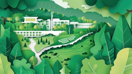 A dynamic illustration of a green innovation campus with bioclimatic architecture, vertical gardens, and renewable energy pavilions