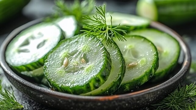 Fresh cucumber slices with dill garnish