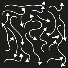 Arrow flow figure. Chaotic direction icon. Curved arrow shape. Vector black background.