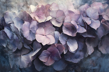 Detailed close-up view of hydrangea blossoms in muted lavender tones.