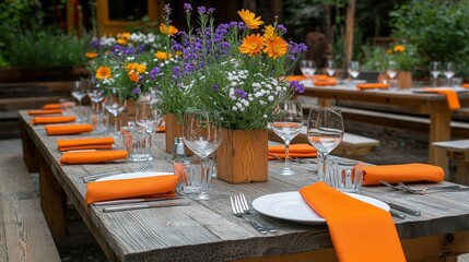 Outdoor dining table set with flowers and orange napkins