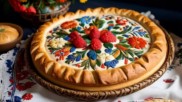 Elaborate round pie with floral decoration and raspberries on a festive table with flower arrangement and embroidered cloth.