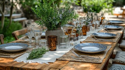 Outdoor table setting with flowers, dishes, and natural light