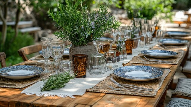 Outdoor table setting with flowers, dishes, and natural light - Powered by Adobe