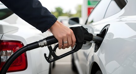 Close-up of a hand holding a fuel nozzle while refueling a modern car at a gas station, focus on the nozzle and hand, blurred background, natural daylight, clean and realistic setting, transportation 