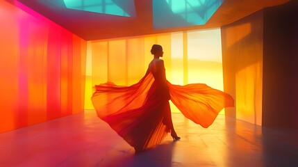 A surreal fashion portrait of a woman in motion, spinning gracefully inside an abstract dreamlike gallery with luminous orbs that cast complex shadows,