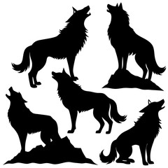 Set of Howling and Sitting Wolf Silhouettes in Clean Vector Format for Outdoor Adventure and Branding Design