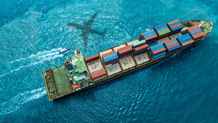 Aerial view of the freight shipping transport system cargo ship container. international...