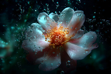 Delicate rose flower submerged in water with bubbles.