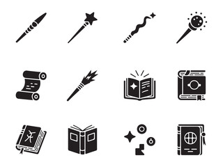 set of black and white vector icons depicts various magical tools and items, including wands, scrolls, books, and more vector art on white © FS Creation