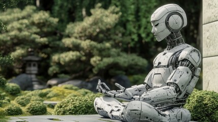 Robot meditating in a zen garden