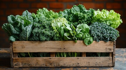 Fresh greens in a wooden crate
