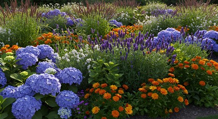 Flower garden with hydrangea lavender and zinnia