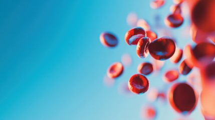 A dynamic image of red blood cells being magnified by a microscope with a gradient blue background, Scientific style, photo of