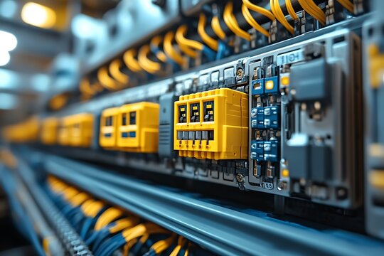 Close-up of electrical panel featuring wiring, connectors and modular circuit breakers.