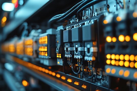Server room equipment and data center infrastructure with blinking lights and connections in perspective - Powered by Adobe