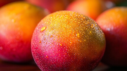 Fresh, juicy mangoes covered in water droplets