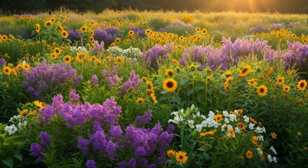 Field with Sunflowers and Purple Flowers in Sunlight