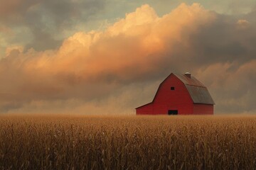 Midwest Farming: Classic Red Barn in Corn Field with Rural Agricultural Scene