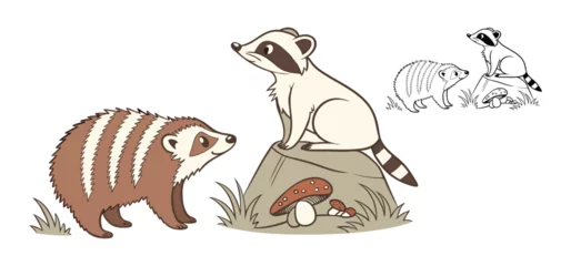 Fotobehang Adorable cartoon illustration of raccoons and a badger interacting in a forest scene with mushrooms and grass © Hafiz
