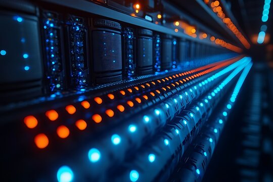 Futuristic data center rack servers illustrating high speed data transfer and technological innovation. - Powered by Adobe