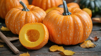 Pumpkins on wooden surface, one cut in half
