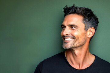 Fototapeta premium Idea of style for aging men. Modish men's high fade haircut - midlife white man with black hair. Green solid background. A radiant and poised man in a professional portrait.