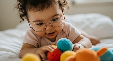 Baby With Glasses Playing With Toy Ball