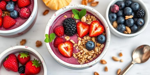 Colorful acai bowls with granola, berries & nuts,  overhead shot, acai bowl