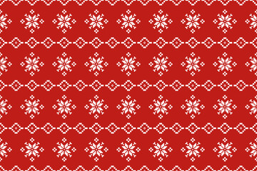 Christmas and New Year seamless pattern. White snowflakes  on red pixel pattern for winter hat,jumper,sweater, wrapping,fabric,border,rim,carpets, blankets, towels.