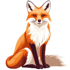 Fototapeta premium A captivating cartoon illustration of a red fox with a bushy tail and white chest, depicted in a sitting pose, against a clean white background.