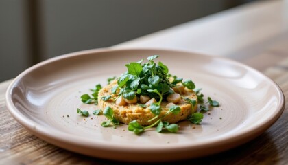 Fresh homemade hummus with chopped herbs served on a stylish white plate in a modern kitchen setting for healthy eating and culinary presentation