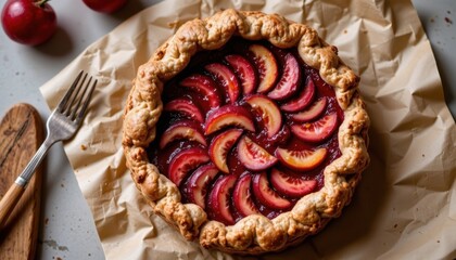 Freshly baked peach and apricot tart with a golden crust and vibrant fruit filling on parchment paper served with cherries and a fork for dessert