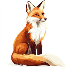 Obraz premium A captivating cartoon illustration of a red fox with a bushy tail and white chest, depicted in a sitting pose, against a clean white background.